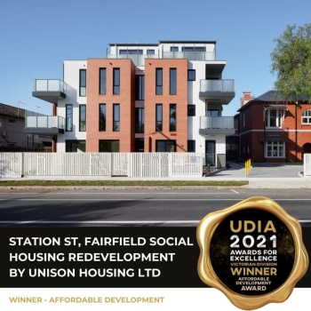 Photo of Unison's property at Fairfield with the Winner seal from the UDIA Award overlaid on top