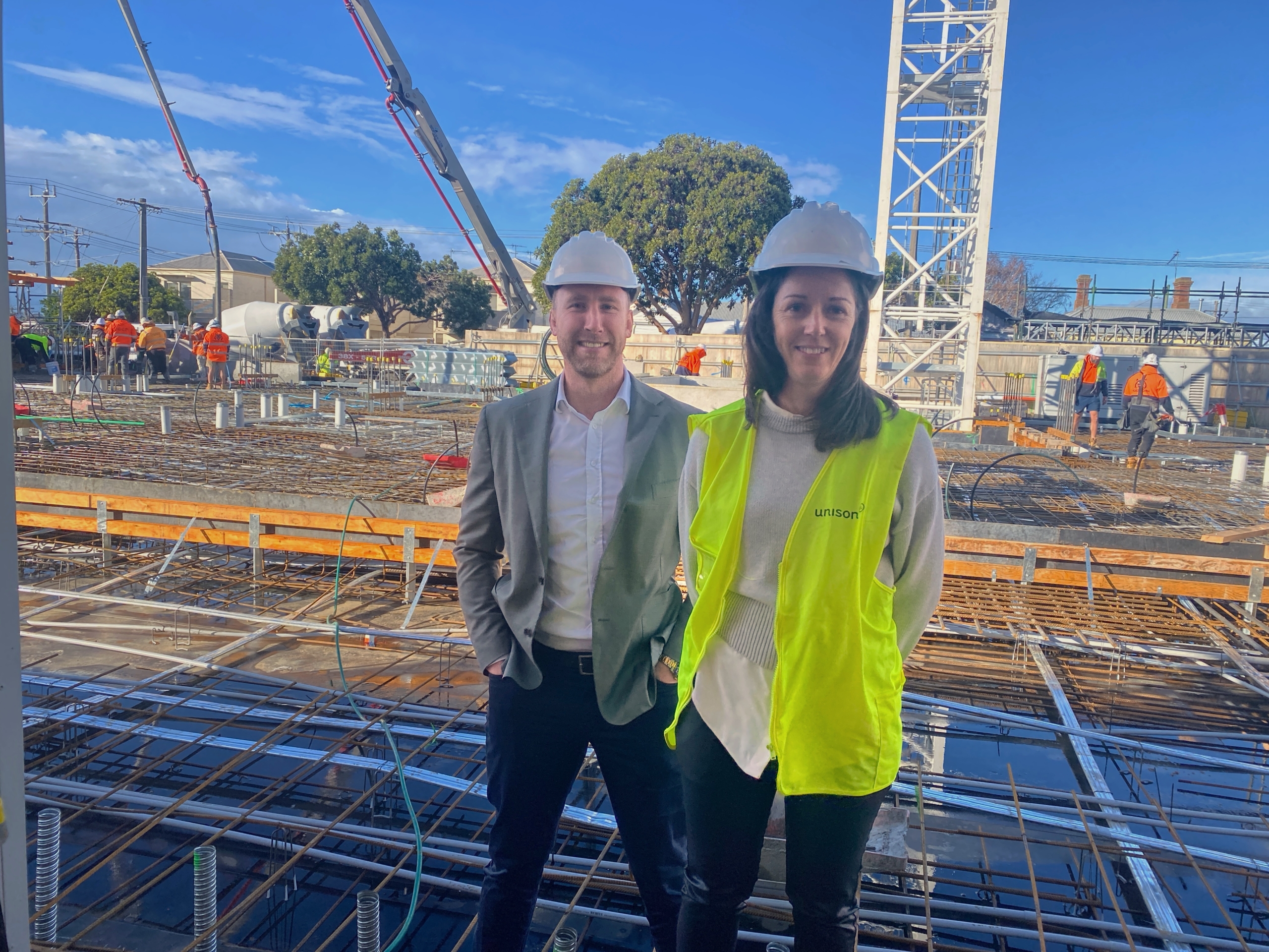 Unison Property Director Danni Nash and CEO James King at the Marshall Street redevelopment, August 2025.