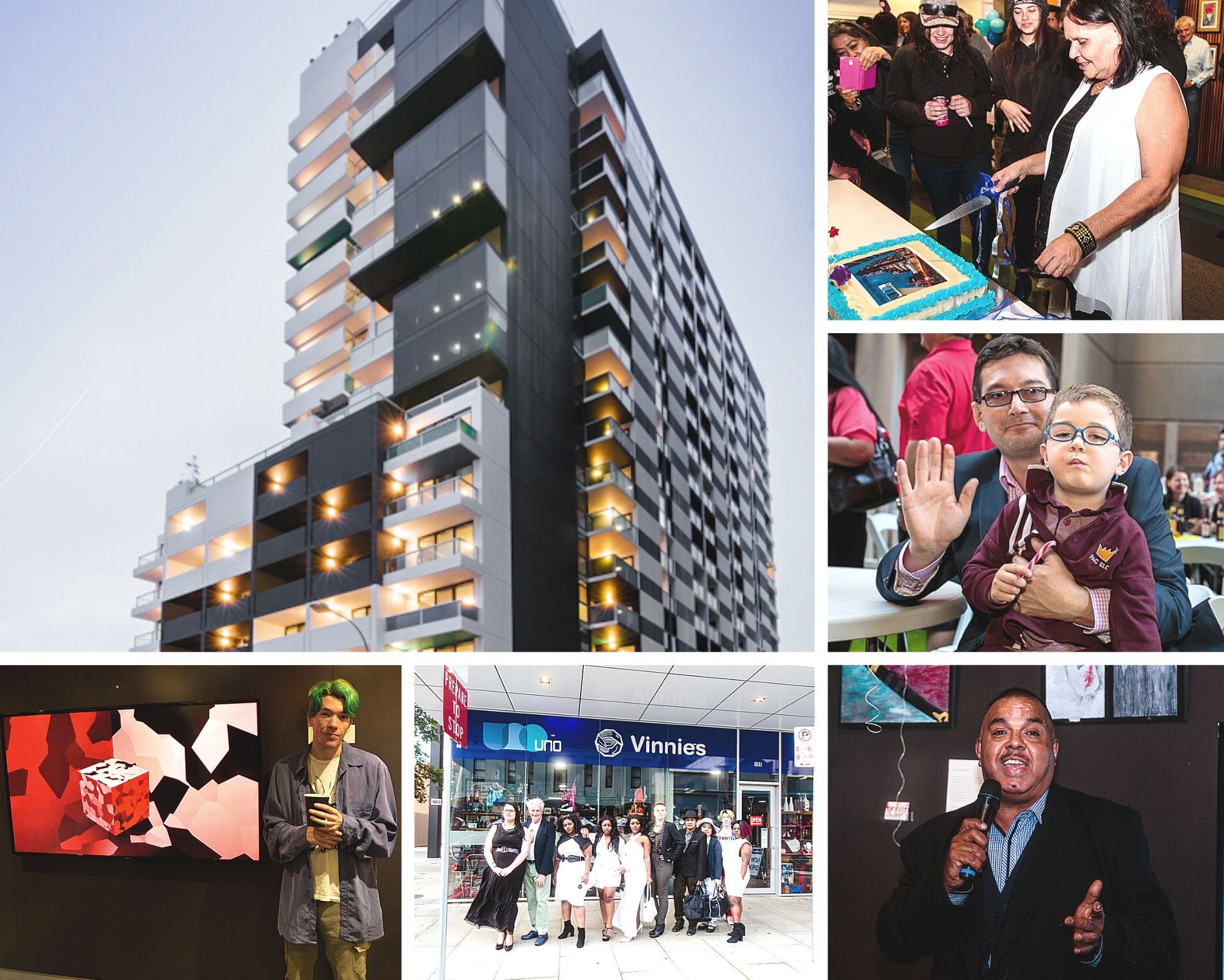A collage featuring: a modern apartment building, a woman cutting a cake, a man with a boy waving, a man speaking into a microphone, a group outside a store, and a man standing by digital art.