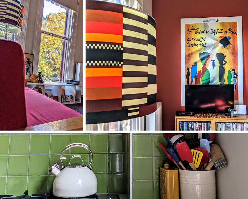 A collage of indoor scenes: a sunny window with a red couch, a colorful striped lamp, a jazz festival poster above a TV, a white kettle on a green-tiled kitchen counter, and a jar holding assorted kitchen utensils.