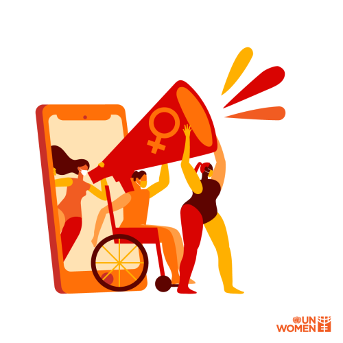 Illustration of three women, one using a wheelchair, emerging from a smartphone and holding a large megaphone with the female gender symbol. The UN Women logo is in the bottom right corner.