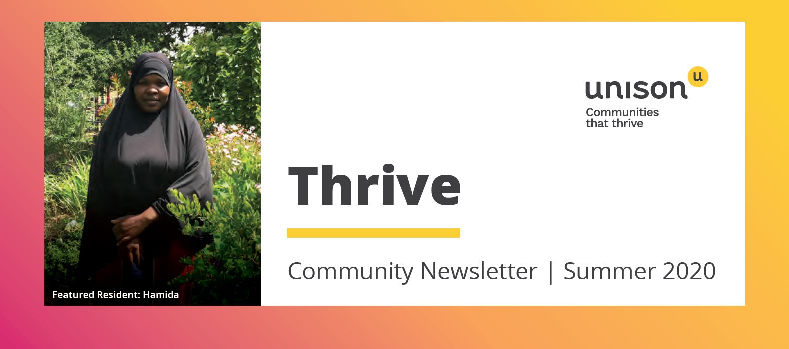 A woman in a black hijab stands in a garden. Next to her is the Thrive community newsletter cover for Summer 2020 by Unison, with the text: Communities that thrive.