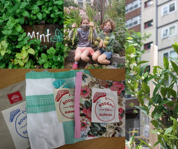 A collage featuring mint plants, two children holding harvested vegetables, assorted cloth bags with Bought to Support labels, and a leafy plant in an urban garden setting.