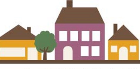 Simple illustration of three houses in a row, with a tree in front of the middle house. The houses are styled in different shapes and colors, including purple and yellow.