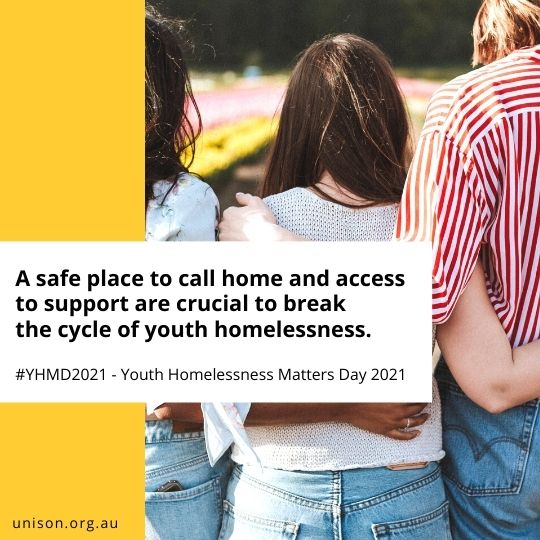 Three young people stand close together, arms around each other, in an outdoor setting. A yellow box contains text highlighting the importance of safe homes for ending youth homelessness, with hashtags and a website listed below.