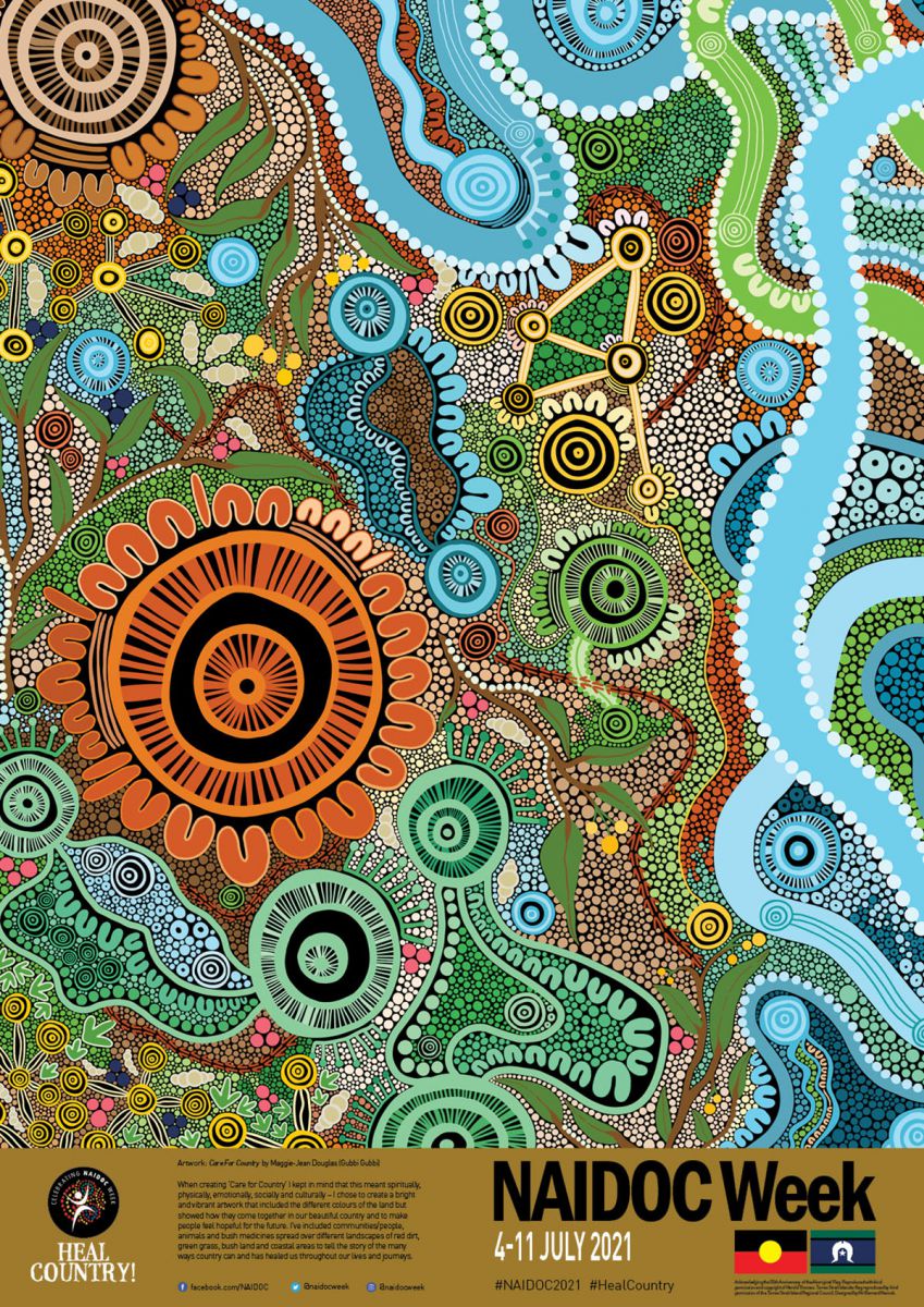 Colorful, intricate Aboriginal dot painting with flowing patterns, organic shapes, and symbols representing land, water, and nature. Text at the bottom reads “NAIDOC Week 4–11 July 2021” with related logos and hashtags.