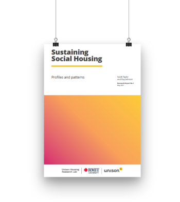 A poster titled Sustaining Social Housing: Profiles and patterns with a gradient background from pink to yellow, and logos for Unison, RMIT University, and Unison Housing Research Lab at the bottom.