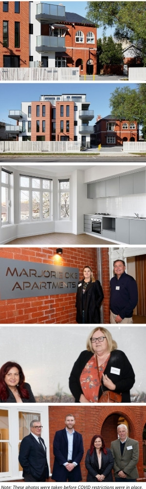 A collage showing modern apartment exteriors, a bright kitchen interior, a sign reading Marjorie Oke Apartments, and groups of people smiling and posing together outside and inside the building.