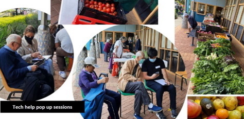 A collage shows seniors getting tech help, fresh produce stalls, boxes of tomatoes, leafy greens, and assorted squash at an outdoor community market event.