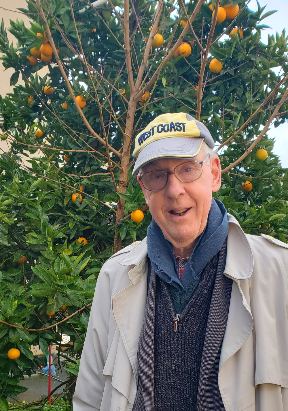 An elderly man wearing glasses, a West Coast cap, and a light trench coat stands smiling in front of a lush orange tree with ripe oranges.