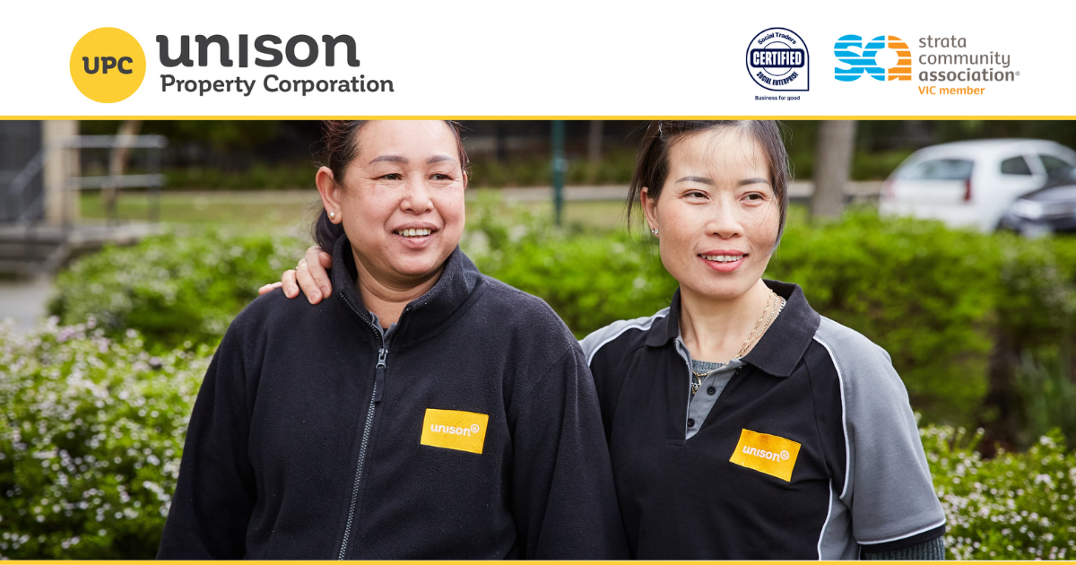 Two women wearing Unison uniforms stand outdoors, smiling. The Unison Property Corporation logo and association logos appear at the top of the image. Greenery and blurred buildings are visible in the background.