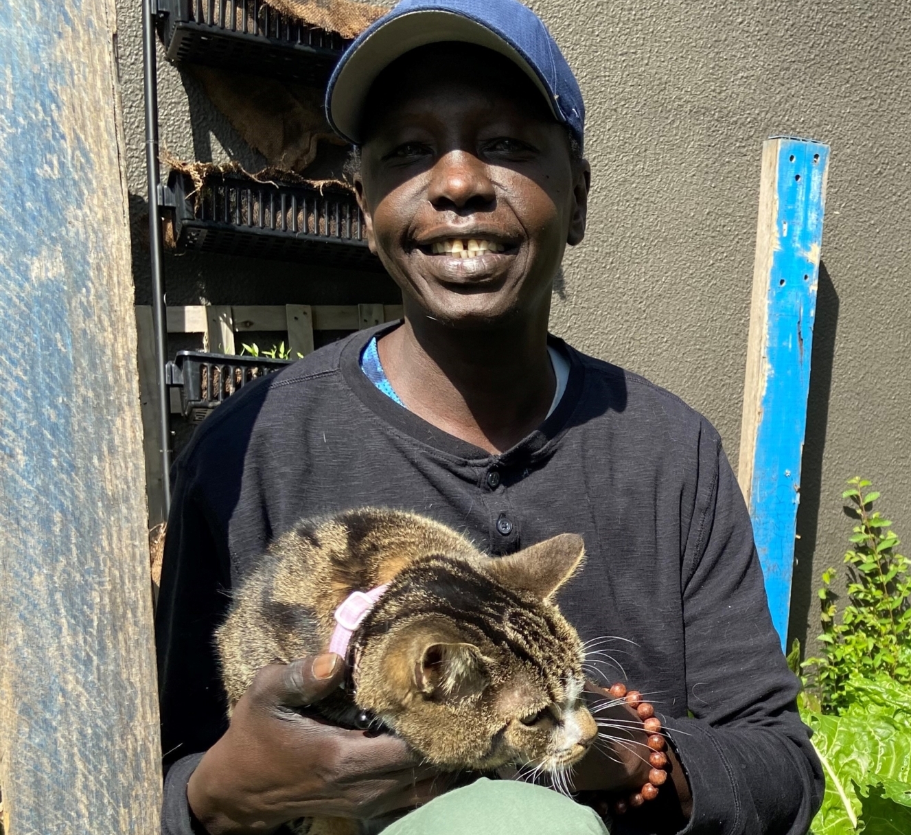 A person wearing a blue cap and dark shirt sits on a wooden bench in a garden, smiling and holding a tabby cat on their lap, surrounded by green plants and sunlight.