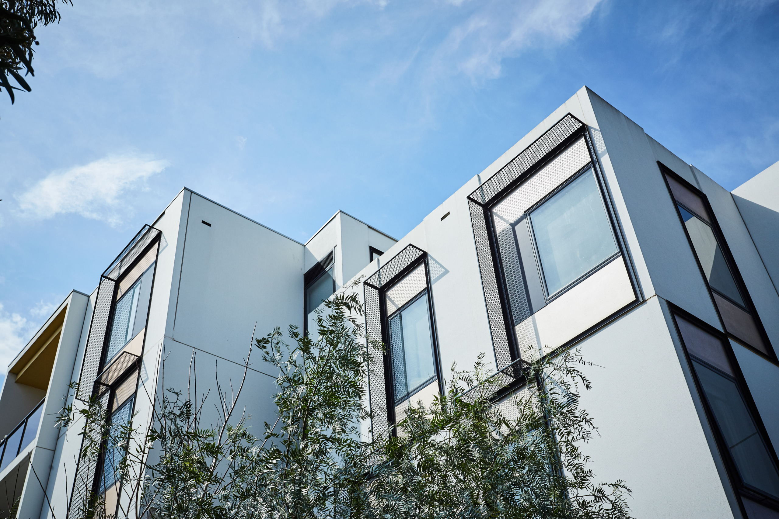Modern white apartment building with large windows and black trim, viewed from below with tree branches in the foreground and a blue sky above.